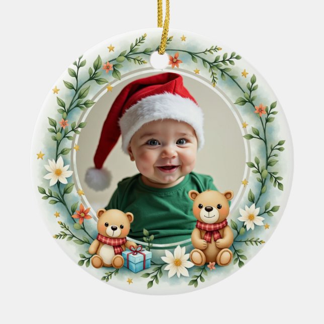 1st Christmas 2 sided Bear Hugs & Holly Julgransprydnad Keramik (Framsidan)