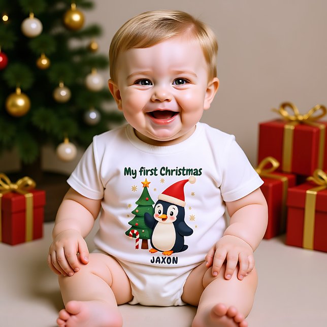 🎄1st Christmas, custom text, Waddle & Wonder T Shirt (1st Christmas, custom text, Waddle & Wonder Baby Bodysuit)