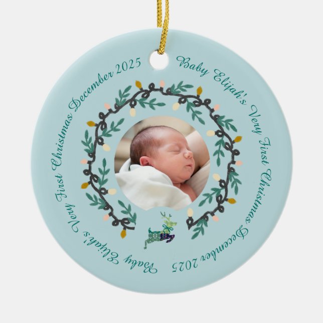 1st Christmas Deer with Wreath Teal2 Julgransprydnad Keramik (Framsidan)