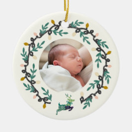 1st Christmas Deer with Wreath Teal Cream Julgransprydnad Keramik