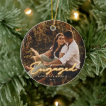1st Christmas Engaged Neon Lettering Photo Ceramic Julgransprydnad Keramik<br><div class="desc">1st Christmas Engaged,  golden neon lettering,  photo holiday ceramic ornament keepsake. Coordinating neon star pattern backing.</div>