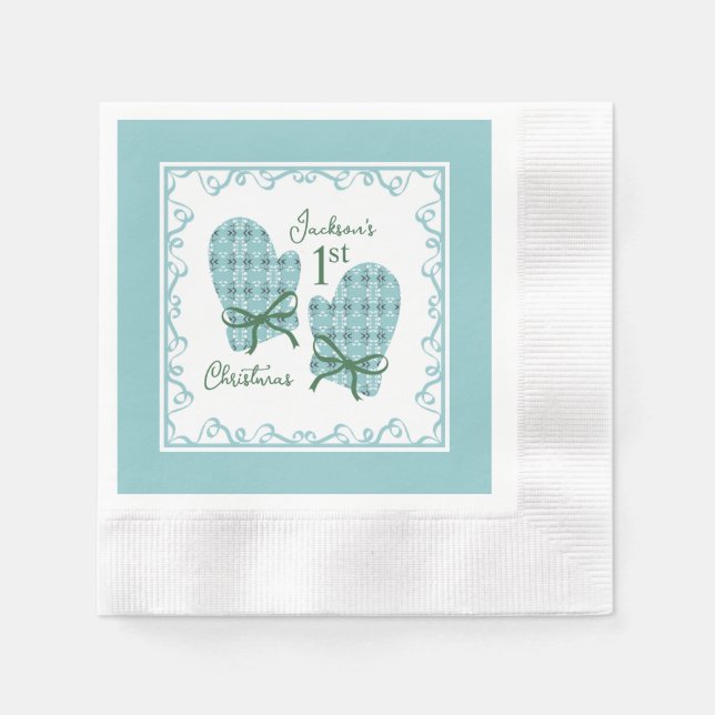 1st Christmas Mittens Green Bow Holiday Pappersservett (Framsidan)