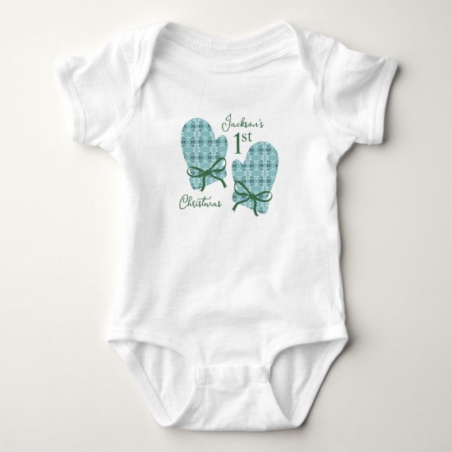 1st Christmas Mittens Green Bow Royal Botanical  T Shirt (Framsida)