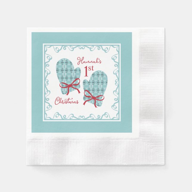 1st Christmas Mittens Red Bow Holiday Pappersservett (Framsidan)