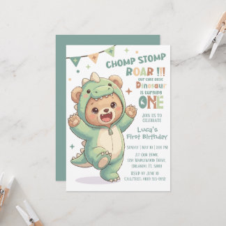 1st Dino Birthday Party | Cute Teddy Bear Dinosaur Inbjudningar