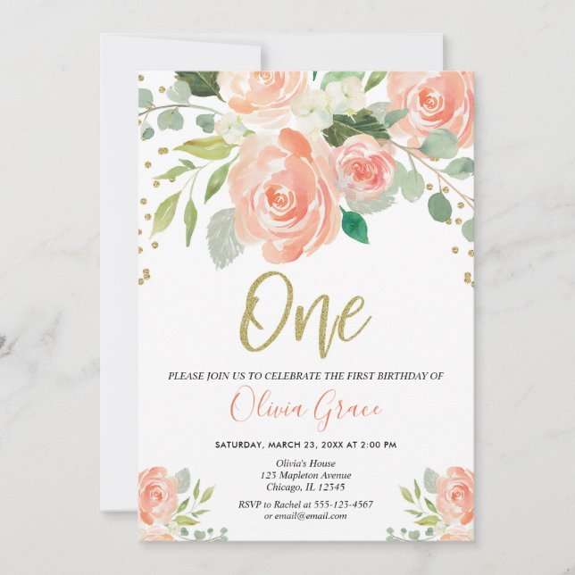 1st flicka för blommigt för korall för inbjudningar (Framsida)