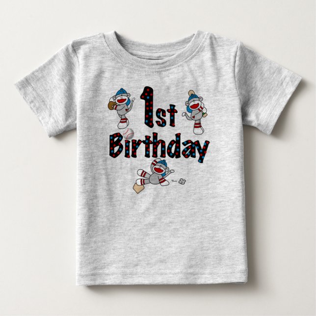 1st födelsedag för sock monkeybaseball t shirt (Framsida)