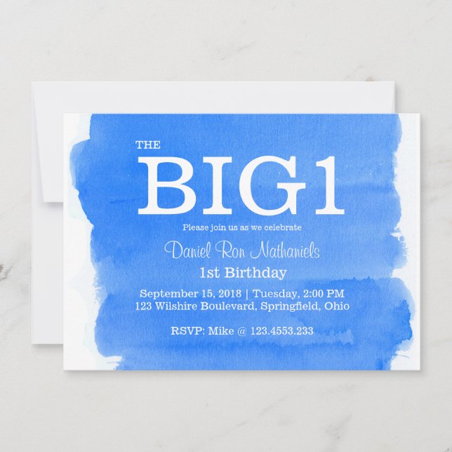 1st Födelsedagblåttpys vattenfärg tvättar Inbjudningar (Framsida)