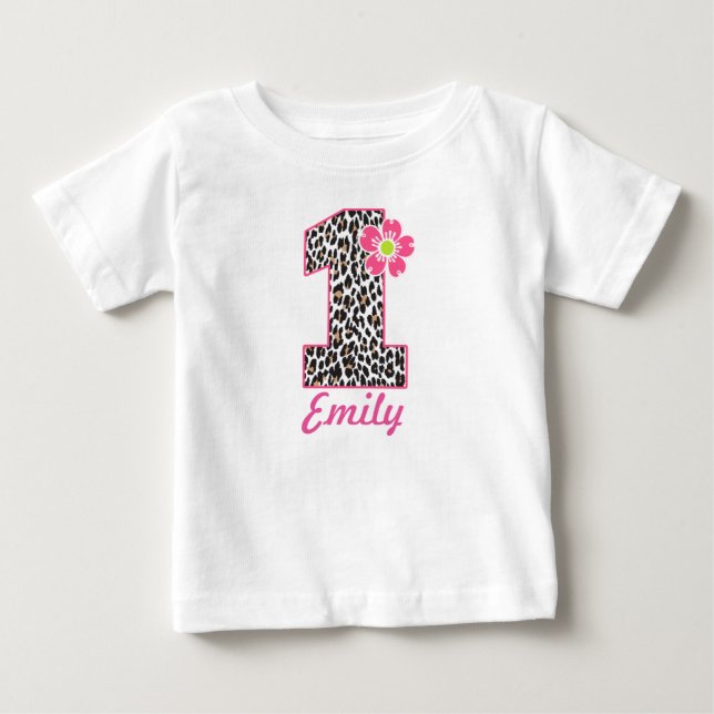 1st Födelsedagflickashock rosa & leopardtryck T-shirt (Framsida)