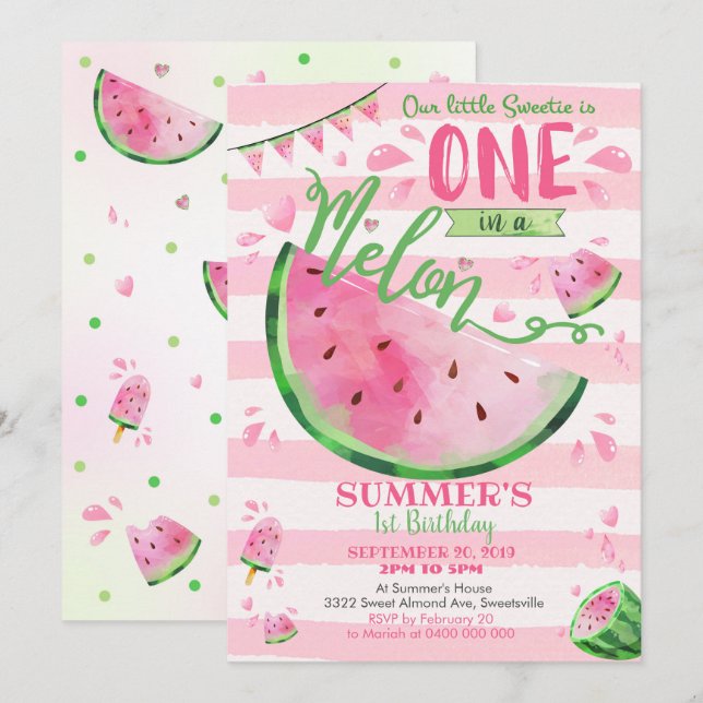 1st födelsedaginbjudan för vattenmelon inbjudningar (Fram/baksida)