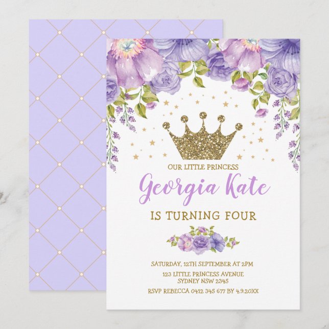 1st födelsedagsfest för kronaPrincess Lila Inbjudningar (Fram/baksida)
