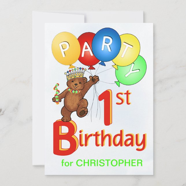 1st födelsedagsfest för kunglig nalle inbjudningar (Framsida)