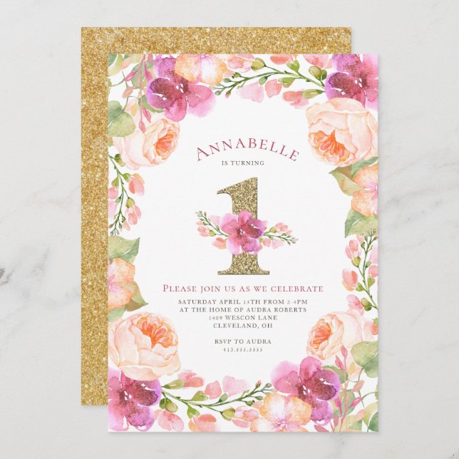 1st födelsedagsfest för rosa och guld- blom- inbjudningar (Fram/baksida)