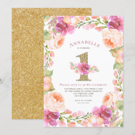 1st födelsedagsfest för rosa och guld- blom- inbjudningar