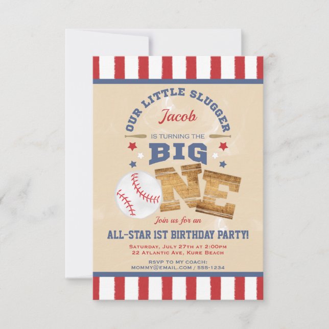 1st födelsedagstjärnor & randar för Retro baseball Inbjudningar (Framsida)