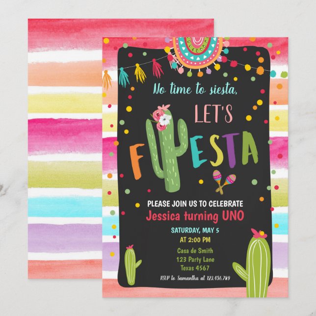 1st första Fiestafödelsedag för mexicansk kaktus Inbjudningar (Fram/baksida)