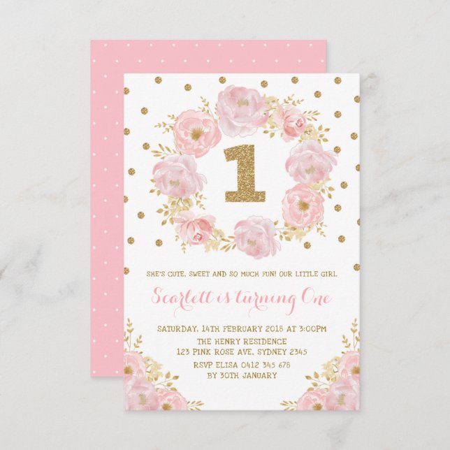 1st första födelsedagsfest för nätt rosa guld- inbjudningar (Fram/baksida)