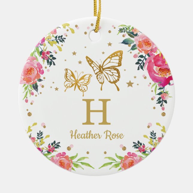 1st första julfoto för blom- fjäril julgransprydnad keramik (Framsidan)