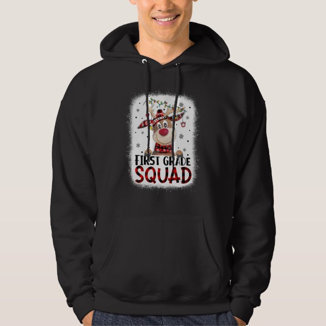 1st Grade Squad Plaid Reindeer Santa Hat Teacher C Hoodie (Framsida)