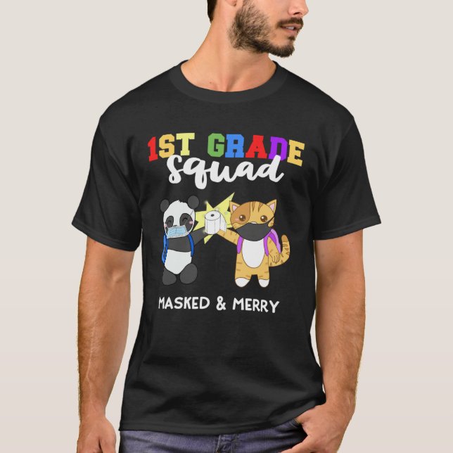 1st Grade Squad Quarantine Panda Kitty  Mask Quote T Shirt (Framsida)