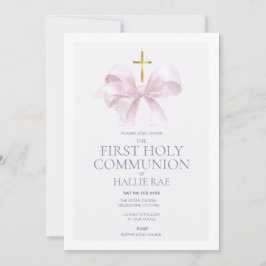 1st Holy Communion Invitation, Modern Pink Bow Inbjudningar