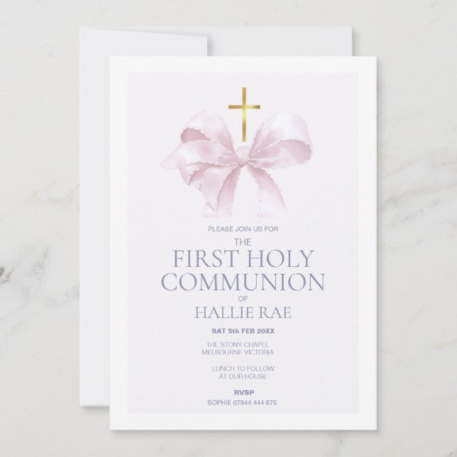 1st Holy Communion Invitation, Modern Pink Bow Inbjudningar (Framsida)