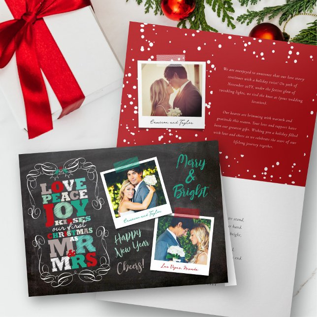 1st julkort för svart tavlaMistletoevintage Helgkort (Love Peace Joy Kisses Vintage Chalkboard Mistletoe First Christmas Photo Holiday Card by fat*fa*tin)