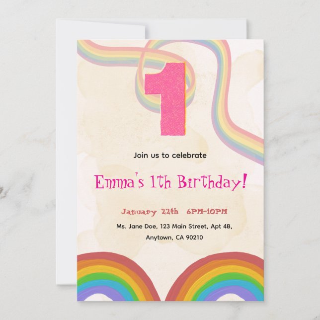 1th Birthday Invitation Girl Editable Rainbow Inbjudningar (Framsida)