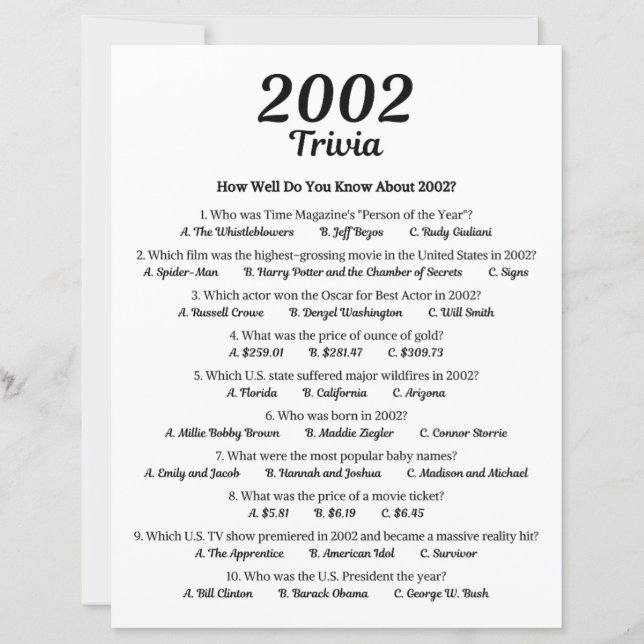 2002 Trivia Spel | 24-års födelsedagsfest spel (Framsida)