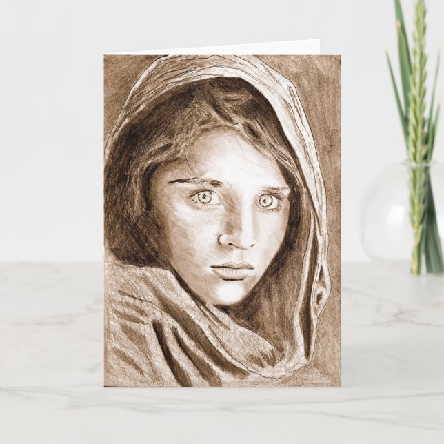 2004 Pencil Teckning Afghan Refugee Girl Sepia Kort (Framsida)