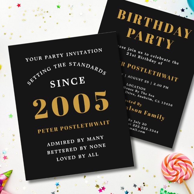 2005 Budget 21-års inbjudan Svart Guld Flygblad (2005 birthday invitation budget flyer.)