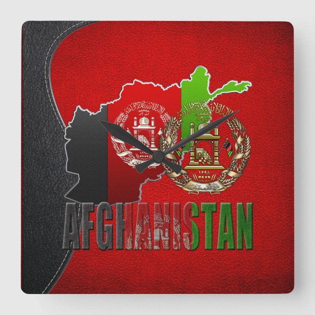 [200] Afghanistan: COA, Flagga och Karta Fyrkantig Klocka (Framsida)