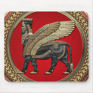 [200] Assyrian Winged Bull: Guld och Black Lamassu Musmatta