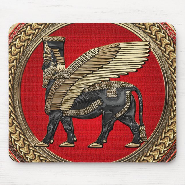 [200] Assyrian Winged Bull: Guld och Black Lamassu Musmatta (Framsidan)