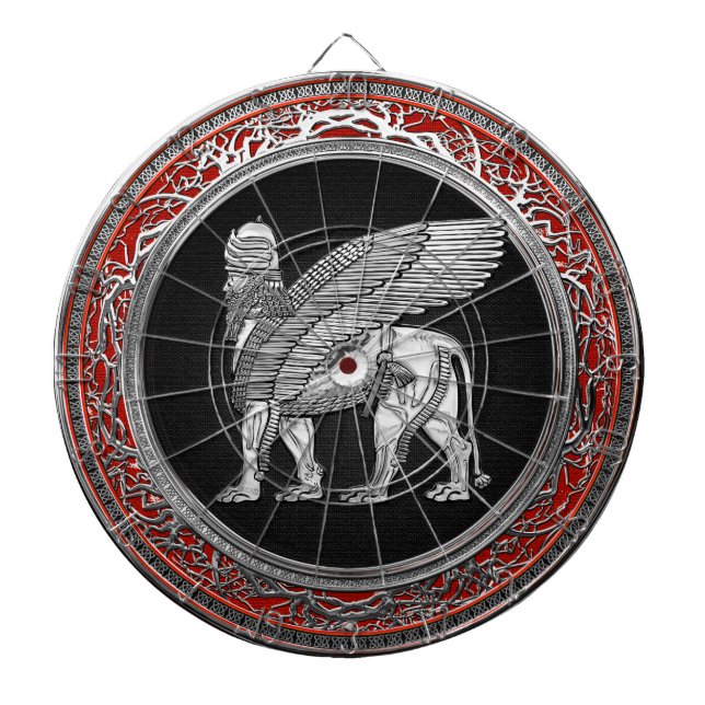 [200] Assyriansk vind Lejon - Silver Lamassu Darttavla (Framsidan)