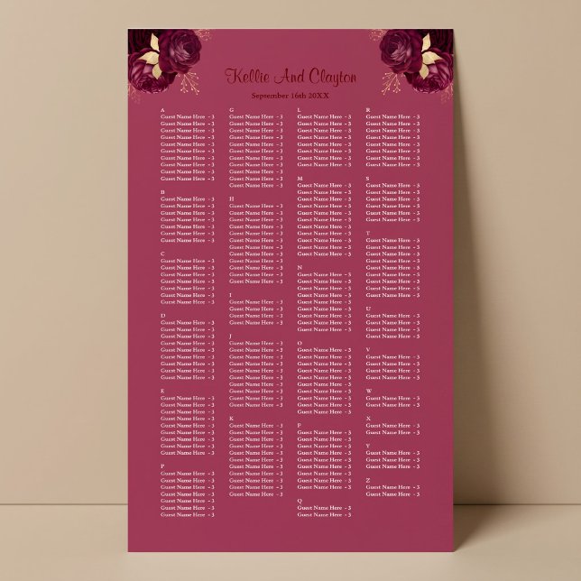 200 Burgunder och guld blommig bröllops sittplatsk Poster (Skapare uppladdad)
