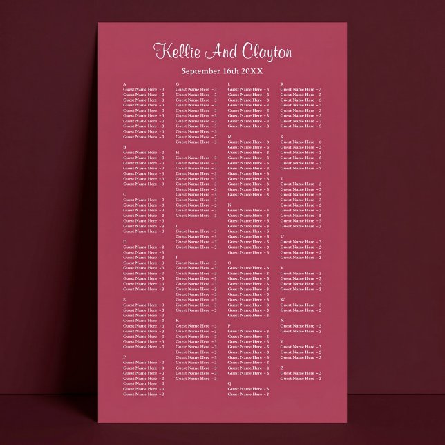 200 Burgundy Enkel Bröllopsställningsdiagram Poster (Skapare uppladdad)