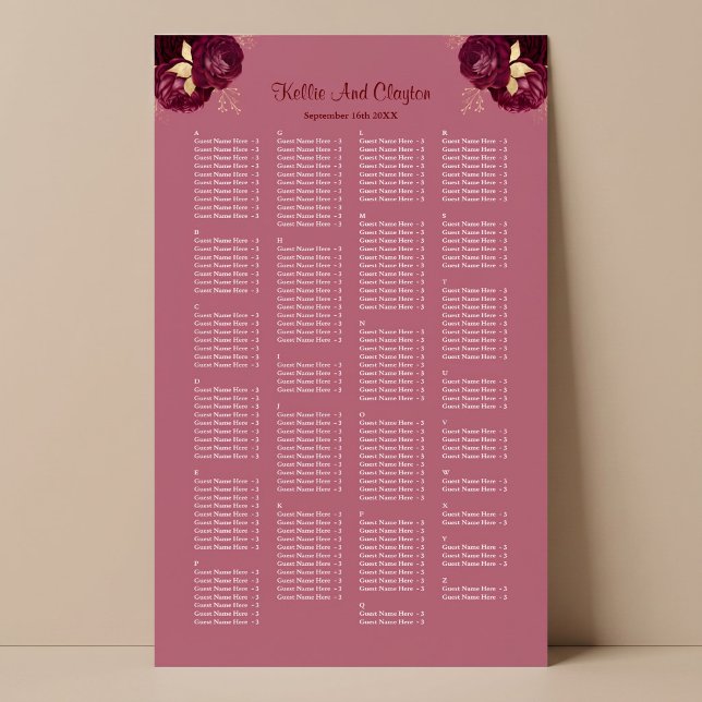 200 Burgundy Och Guld Blommig Bröllopsställningspl Poster (Skapare uppladdad)