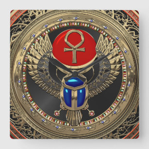 [200] Egyptiska Winged Scarab i Helig Guld med Ank Fyrkantig Klocka