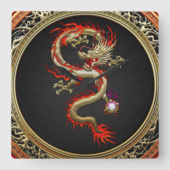 [200] Golden Chinese Dragon Fucanglong Fyrkantig Klocka (Framsida)