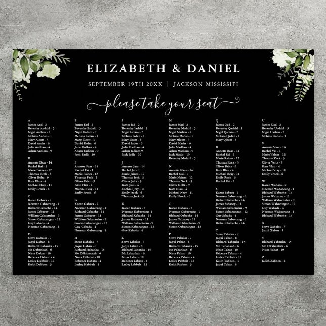 200 Namn Grönska Bröllopsplatskortssköld Poster (200 Names Greenery Wedding Seating Chart Sign)