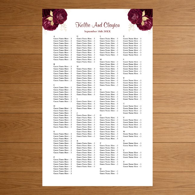 200 Sätesdiagram för Burgundy och Guld Blommigt Br Poster (Skapare uppladdad)