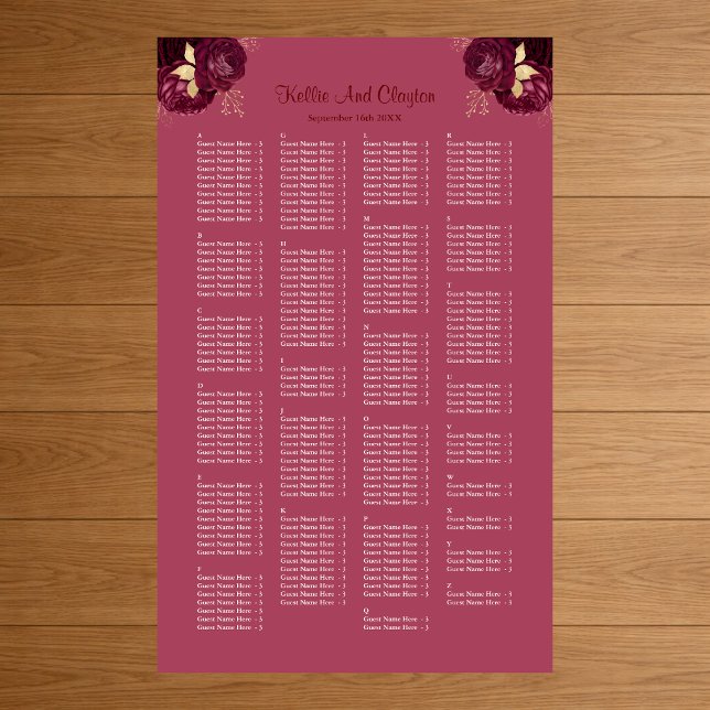 200 Sätesdiagram för Burgundy och Guld Blommigt Br Poster (Skapare uppladdad)