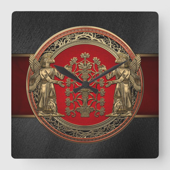 [200] Två Guld Ninurtas med Livets träd Fyrkantig Klocka (Framsida)