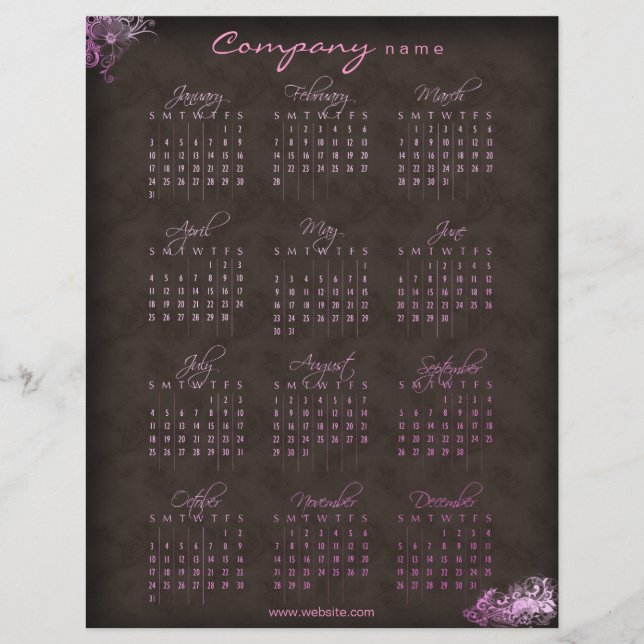 2010 Calendar blommigt rosa brun flygblad (Framsidan)
