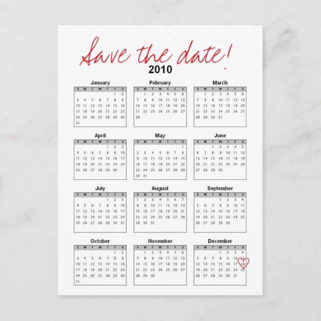 2010 kalender spara datum tillkännagivande meddelande vykort (Framsida)