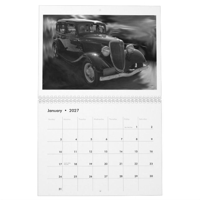 2012 bilar av gårdag i svartvitt kalender (Jan 2027)