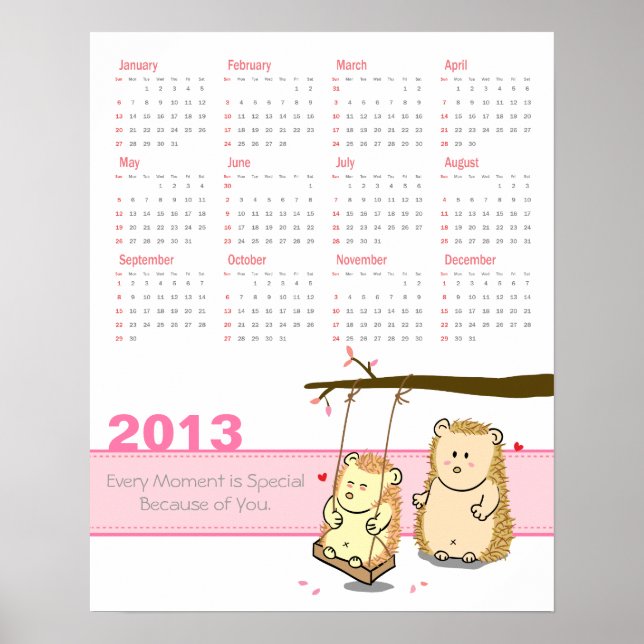 2013 Kalender: Sött Igelkottspar på träd gunga Poster (Framsidan)