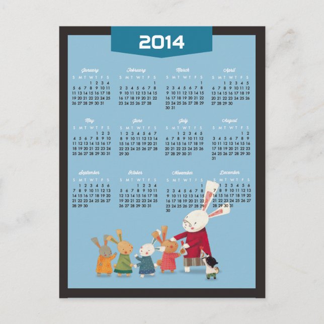 2014 Kalender - Gott Nytt År Kanin Familj Helg Vykort (Framsida)