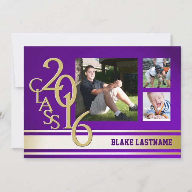 2016 Guld Lila Varsity Rand Student Tri Photo Inbjudningar (Framsida)